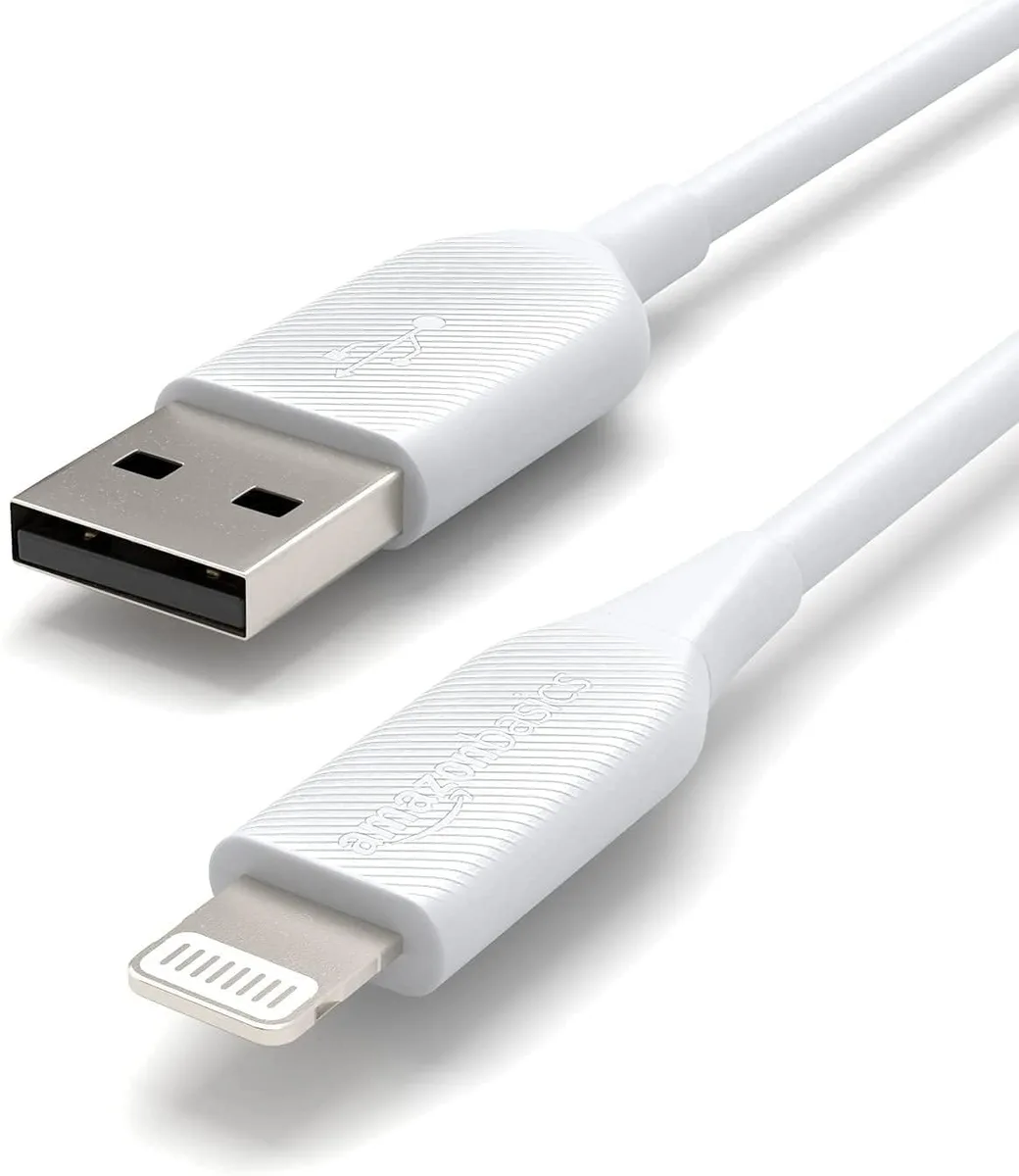 Two white USB-A to Lightning cables coiled together, three feet long