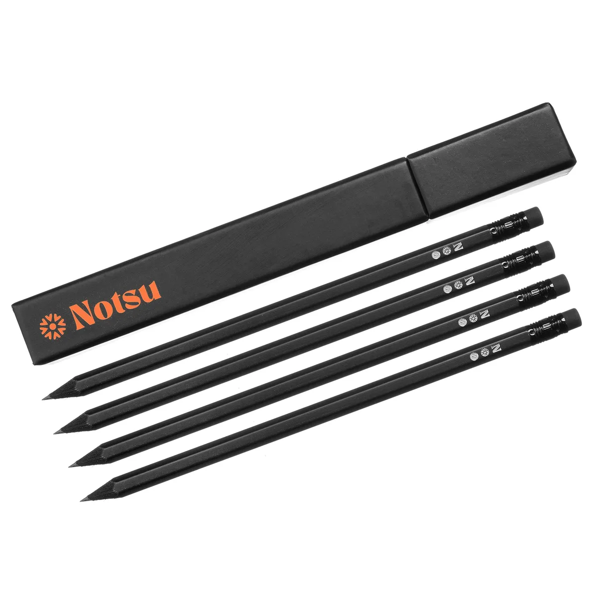 Four matte black graphite pencils with black ferrules and erasers in a matching box
