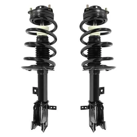 Pair of front complete strut assemblies, silver metal finish, coil springs and mounts visible