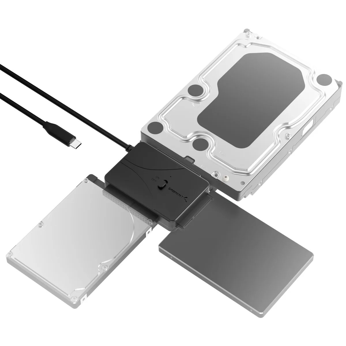 Black plastic adapter cable with USB-C plug, SATA and IDE connectors, blue LED, external 12V power brick