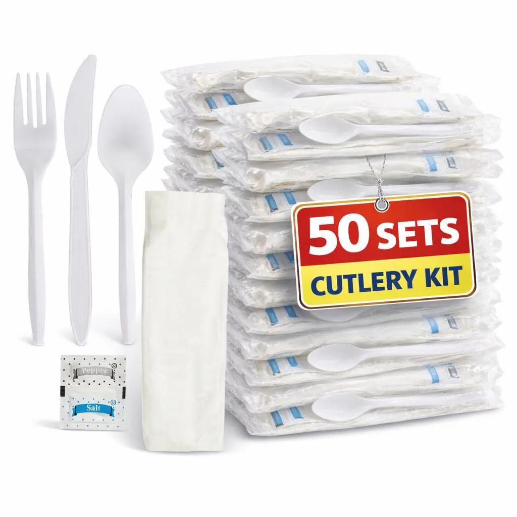 White plastic cutlery sets in sealed packs knife fork spoon napkin condiments 50 count