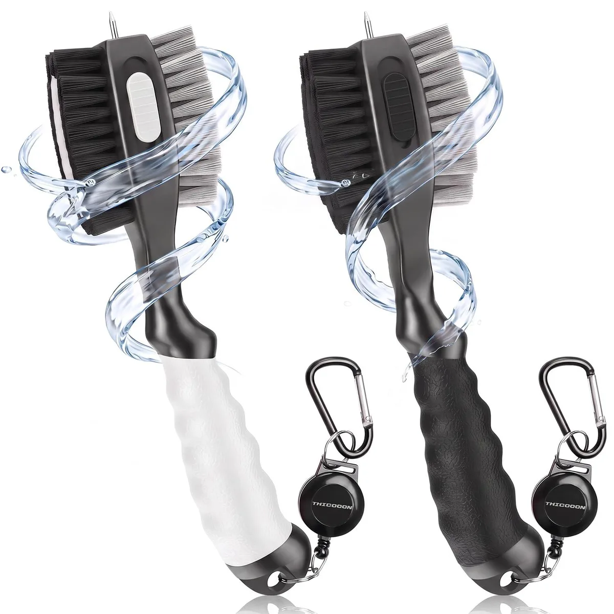 Two retractable golf club brushes, black and white, with carabiner clips and dual bristle heads