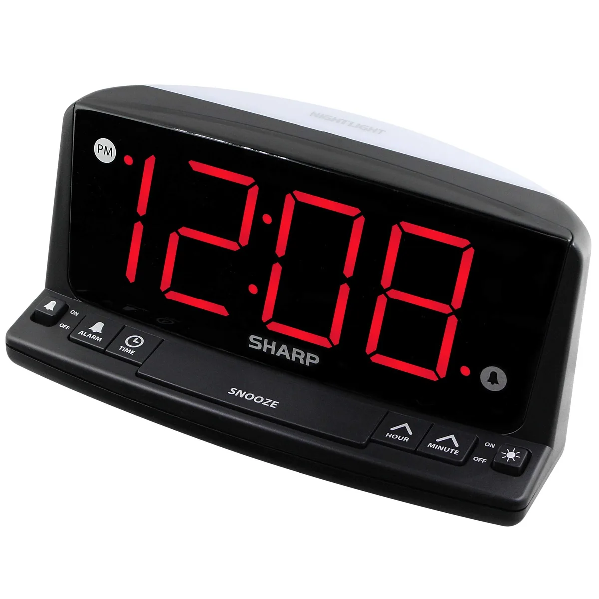 Black rectangular digital clock with 1.8 inch red LED display and front keyboard controls