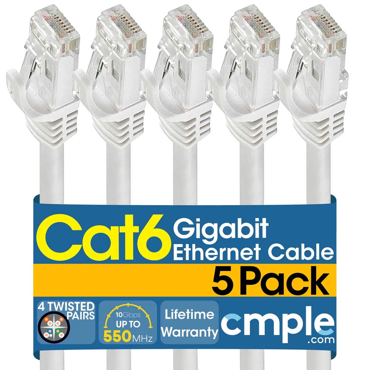 CMPLE CMPLE 5 Pack Cat6 Network Ethernet Cable 1.5 ft White — product photo