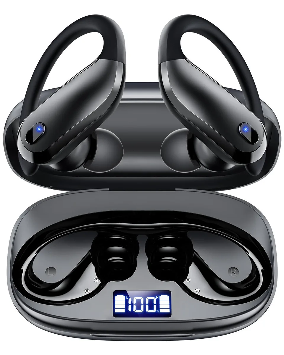 Black in-ear wireless earbuds with flexible earhooks and charging case