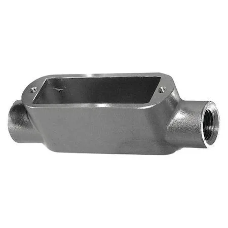 Stainless steel conduit outlet body with cover, polished silver finish, straight threaded hub, flat back, C style body