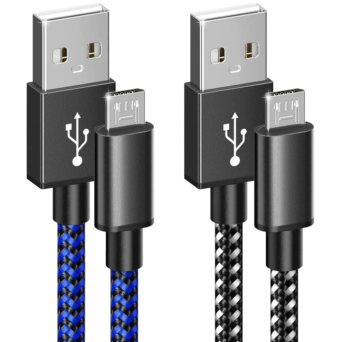 Two braided micro USB cables, black and blue, coiled together
