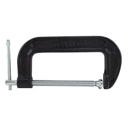 A cast iron C-clamp with steel swivel screw and nickel plated threads