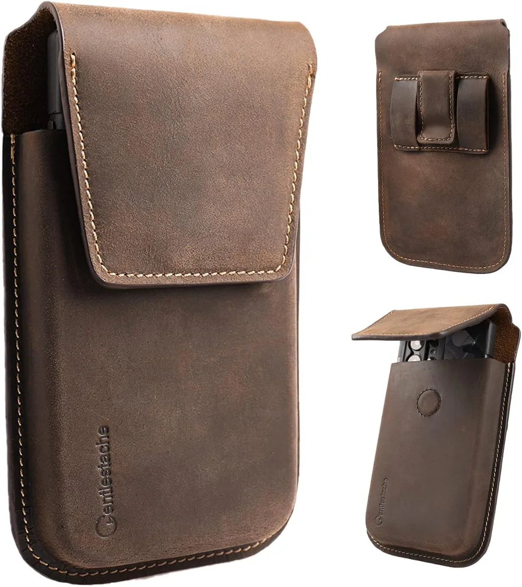 TAURKENAM TAURKENAM Leather Belt Holster Flip Case Darkbrown 6.85 x 3.6 x .7 in — product photo
