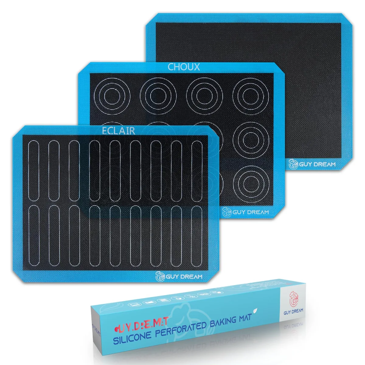 Three perforated silicone mats, rectangular, light speckled finish