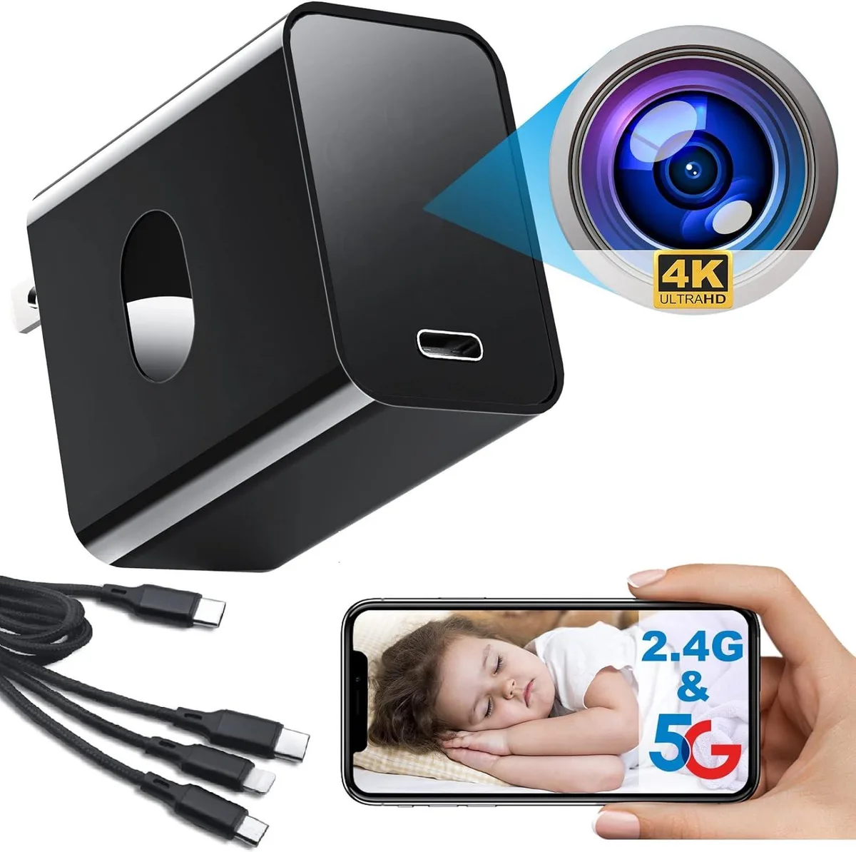 BFKK BFKK 4K HD Spy Camera 2.4/5 GHz WiFi 6 160° Night Vision Charger — product photo