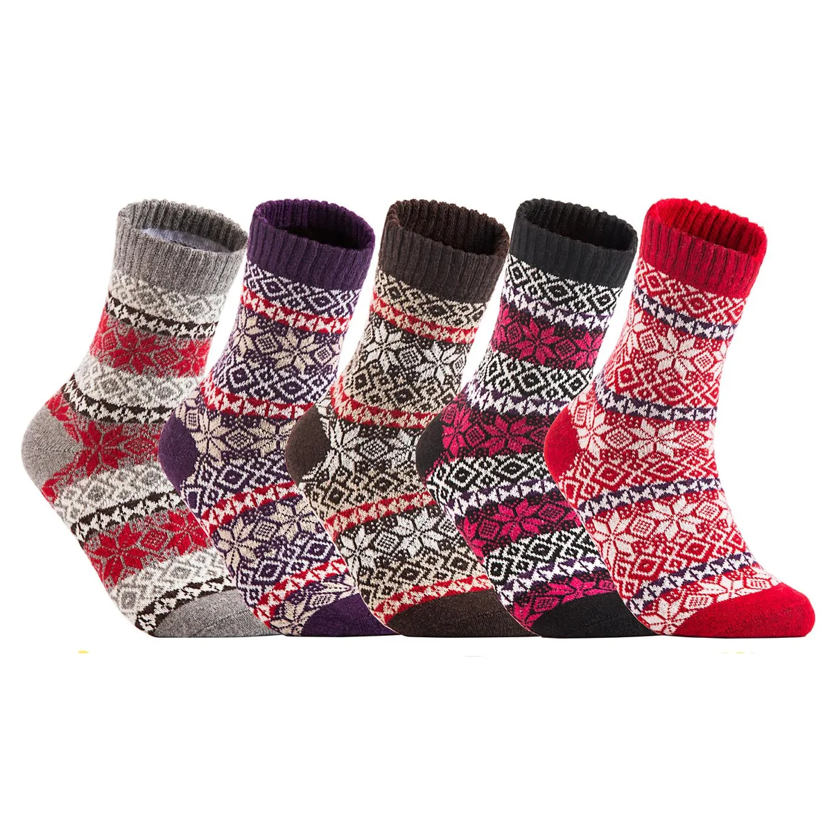 Five pairs of fuzzy angora blend socks in a stack