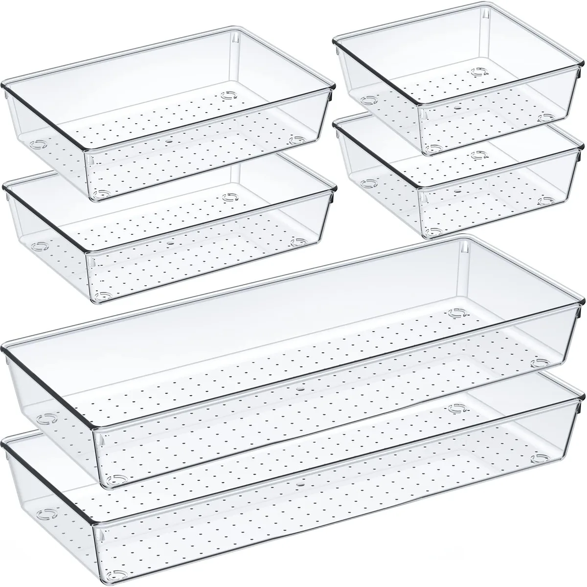 Six clear plastic drawer trays in three rectangular sizes, smooth finish, stacked together