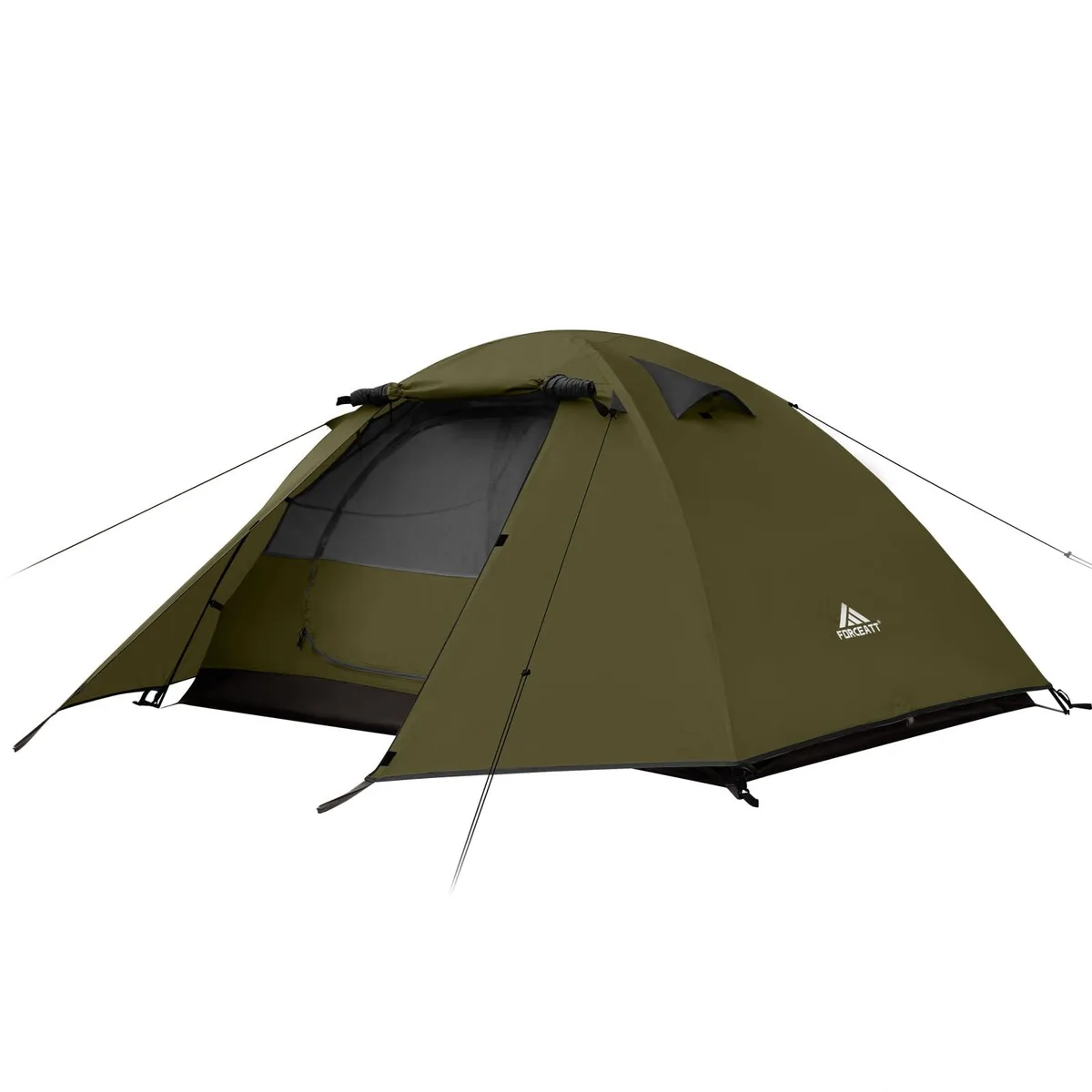 Army green two-person backpacking tent in packed carry bag