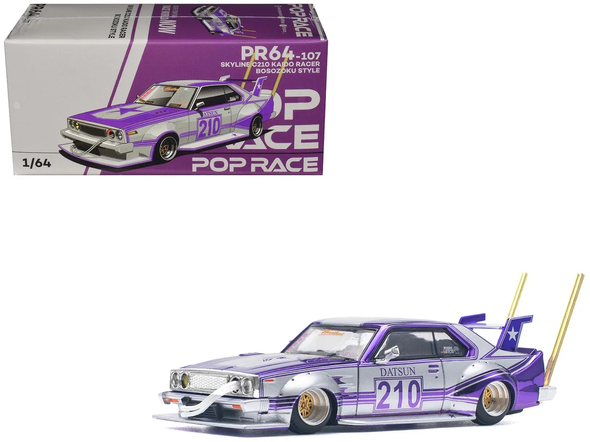 Pop Race Pop Race Skyline C210 Kaido Racer Bosozoku Style RHD #210 Purple Silver 1/64 Diecast Hobby Collectible — product photo