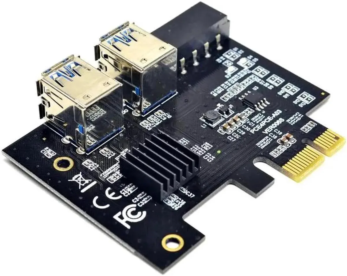 A green circuit board with one PCIe x1 slot and four PCIe x16 slots plus USB 3.0 connectors