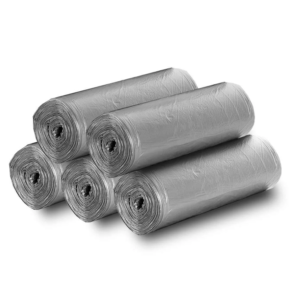 Silver trash bags on five rolls, one hundred count, high density polyethylene