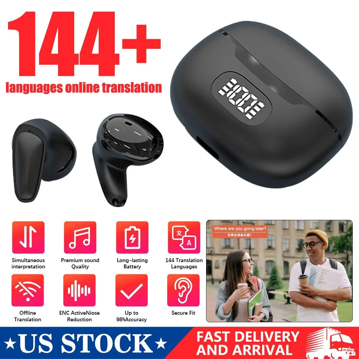 NShi NShi B28 Bluetooth 5.1 Translator Earbuds 144 Languages IPX6 Black — product photo