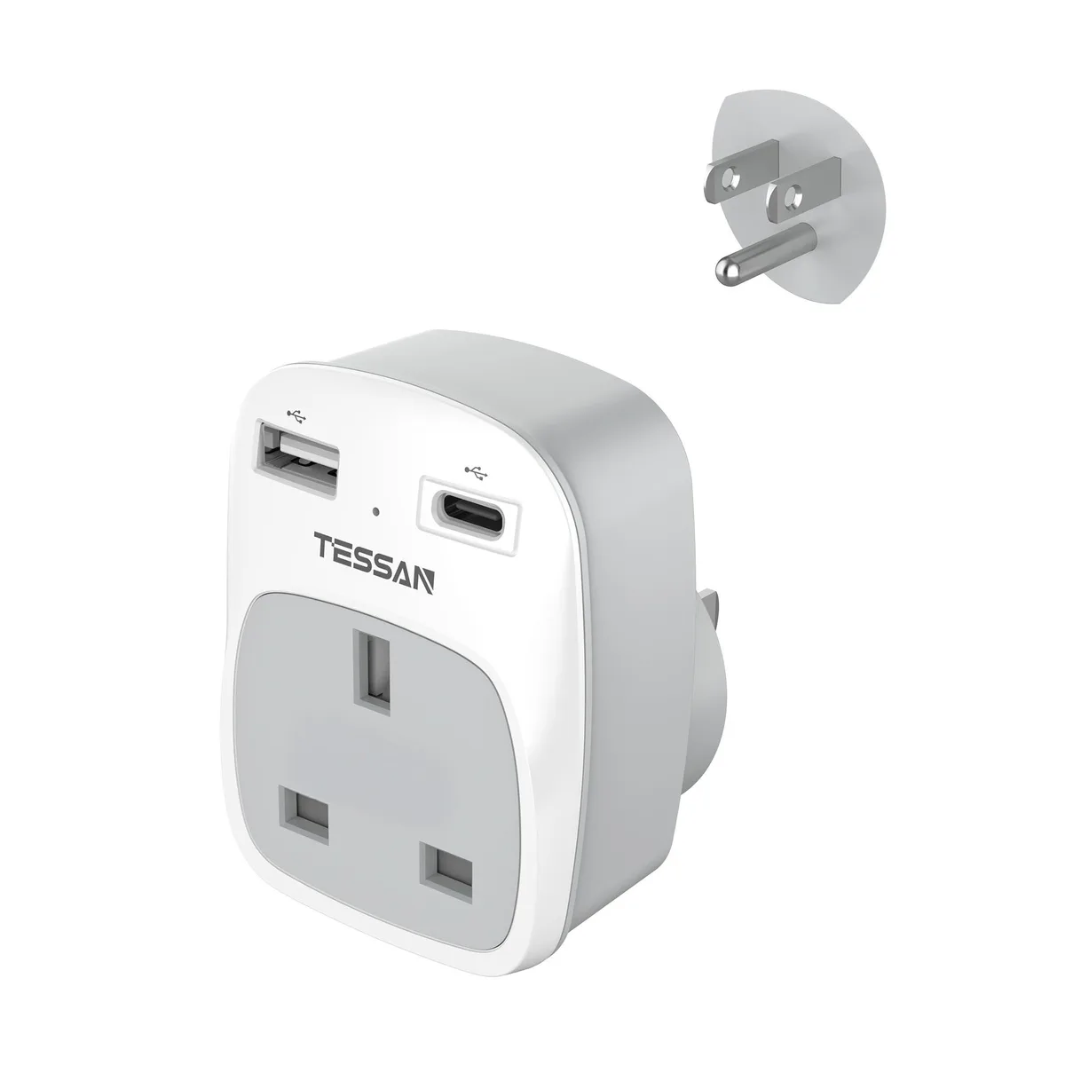 TESSAN UK to US Plug Adapter 2 USB-A 1 AC 1250W 2.4A — product photo
