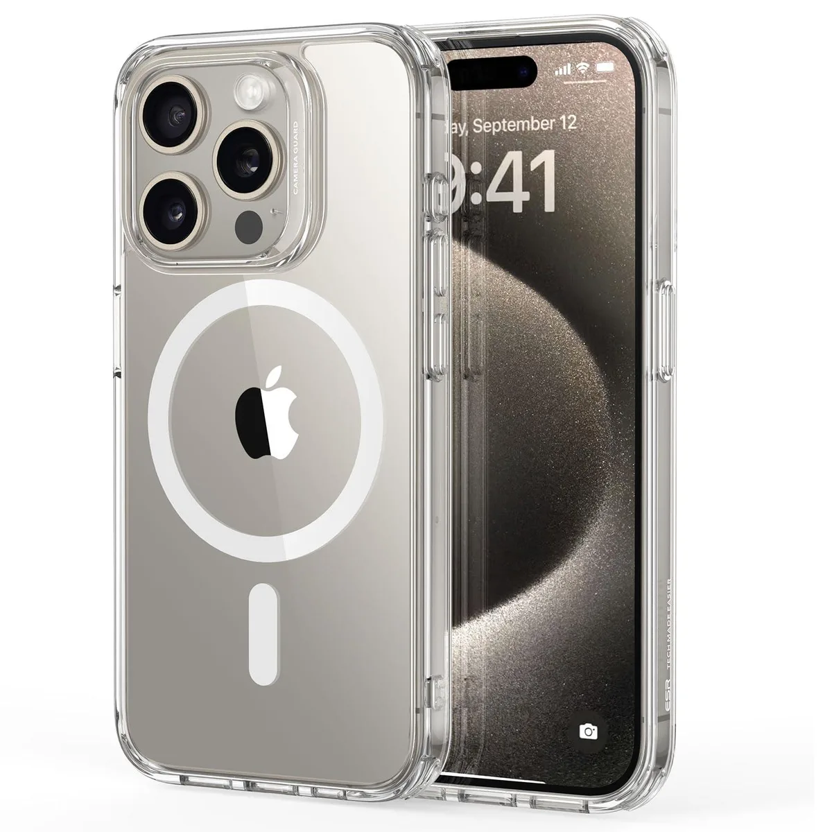 Clear hybrid case with transparent acrylic back and MagSafe ring visible