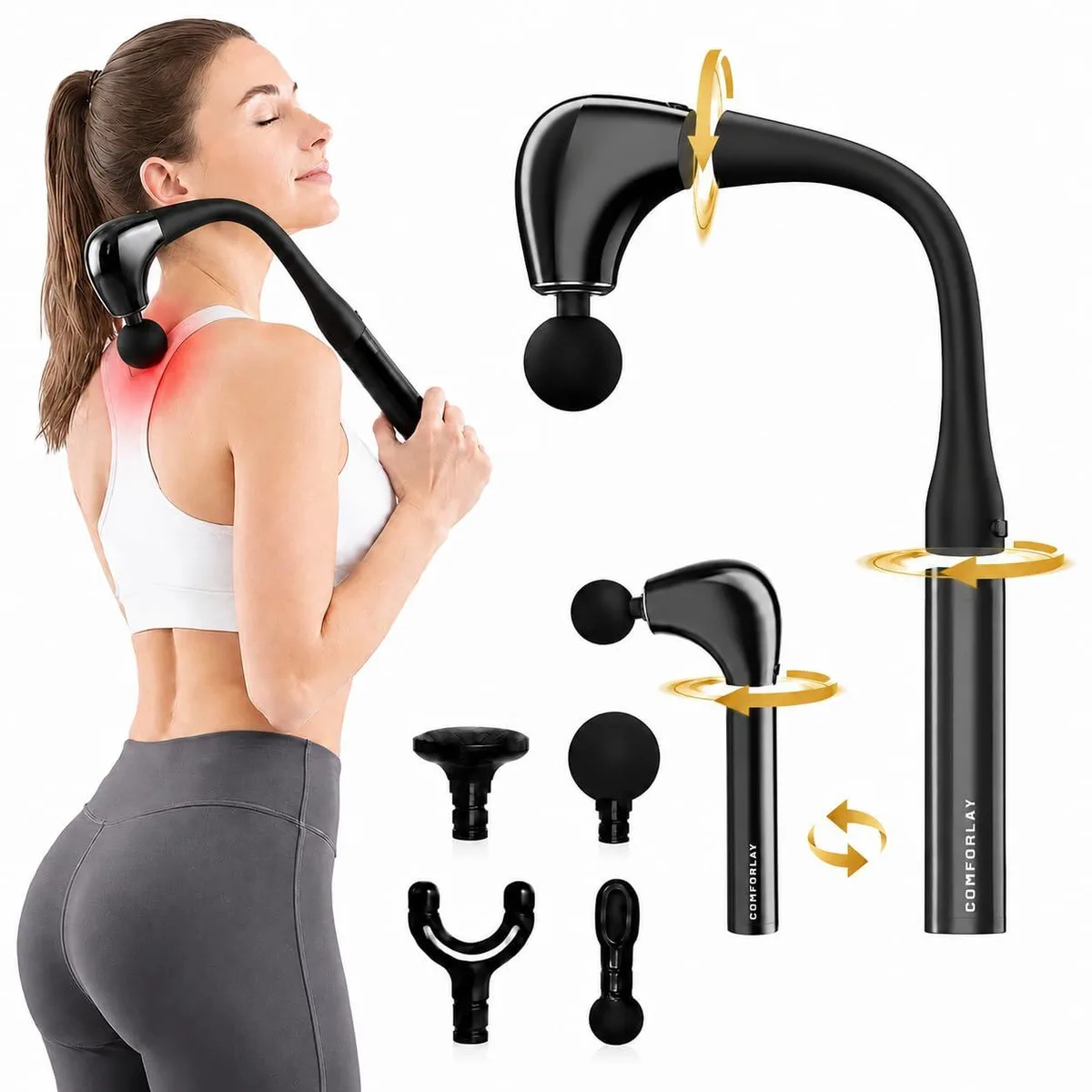 White cordless massage gun with detachable curved handle and four interchangeable heads