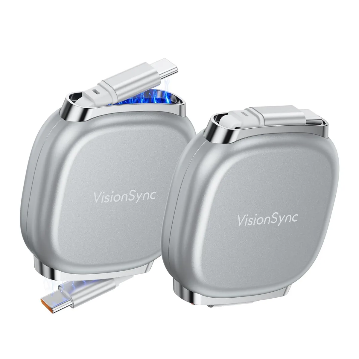 Two grey retractable USB-C cables with magnetic end slots, coiled in compact casings