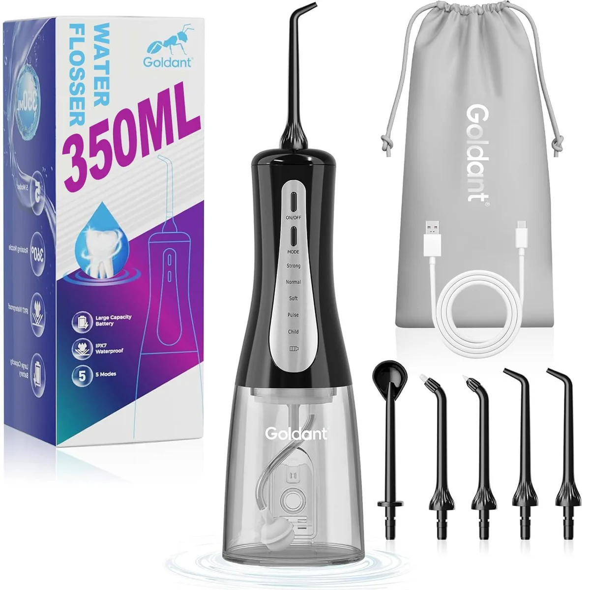 Black cordless water flosser with 350 ml detachable tank, travel bag, 360° rotating nozzle and non-slip grip