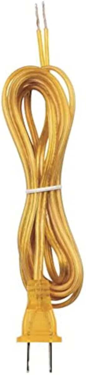 Gold lamp cord with polarized two-prong plug and stripped wire ends, 96 inches long