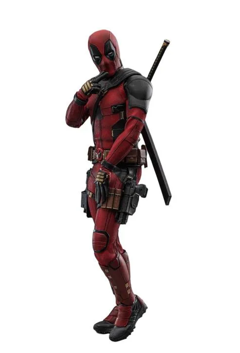 Hot Toys 1/6 scale Deadpool figure in red and black suit with katanas and interchangeable eye pieces