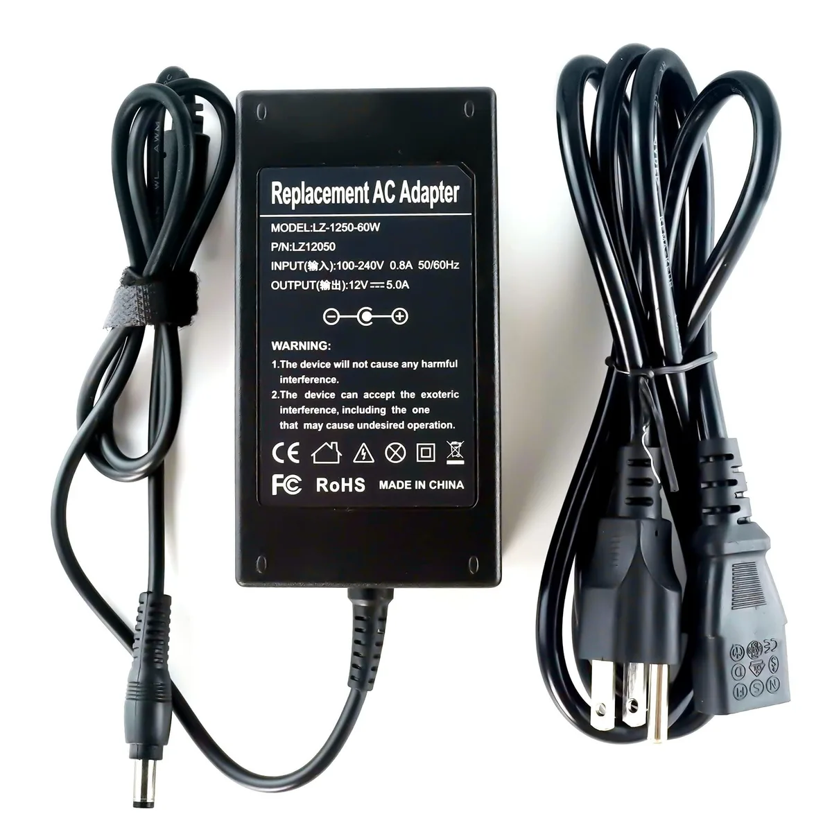  AurGun 12V 5A 60W Power Supply 2.1mm 2.5mm Barrel Connector 2.3m Cord — product photo