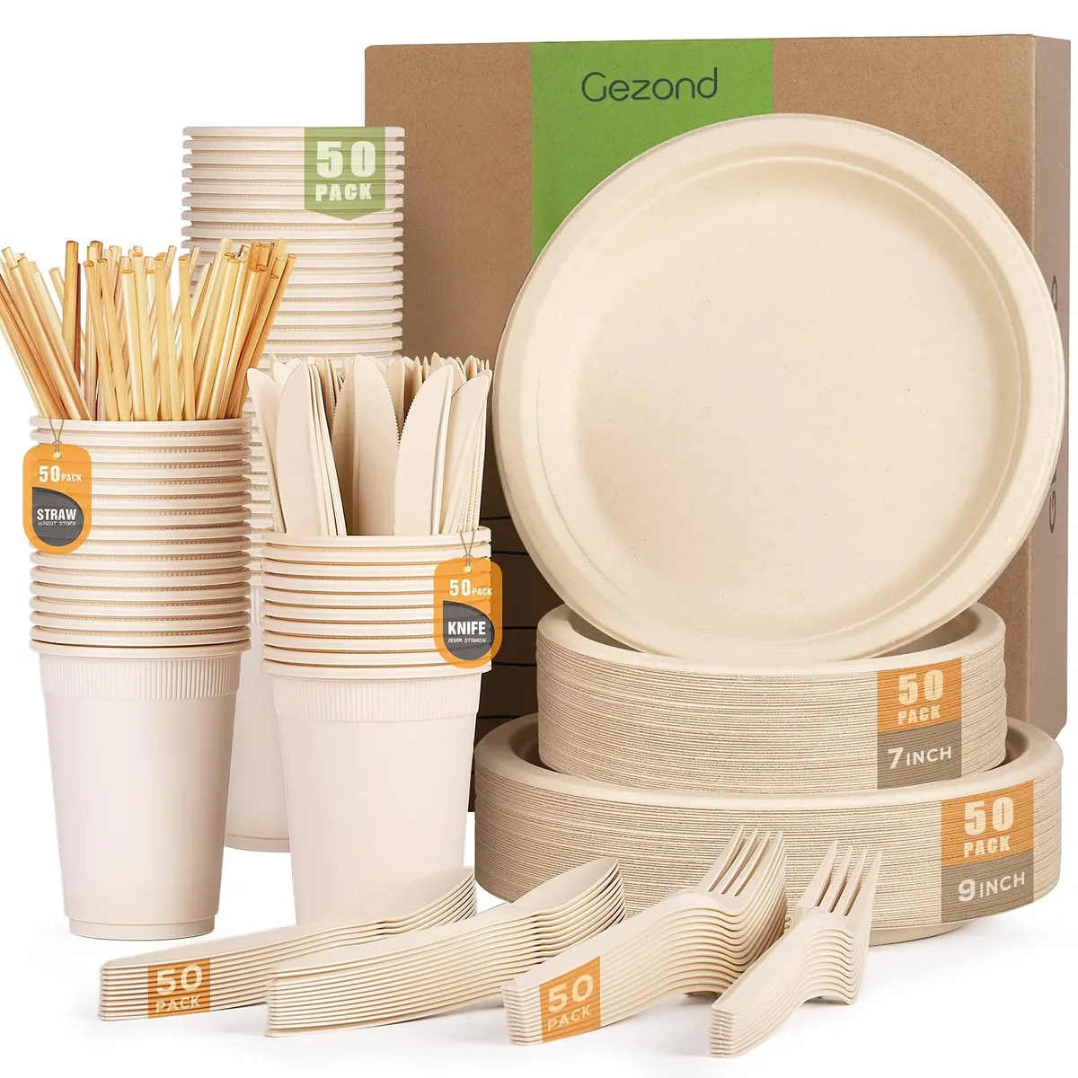 OXO Gezond 350-piece compostable dinnerware set in black, includes plates, cutlery, cups and straws