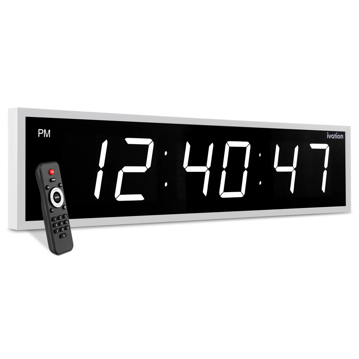 White 60 inch digital LED clock with large digits and remote control