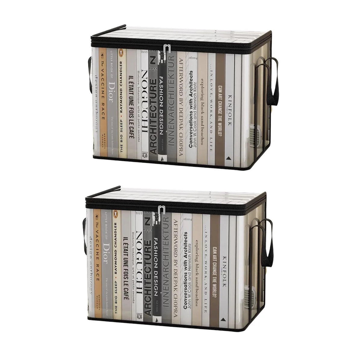 Two transparent PVC storage boxes with handles, folded flat