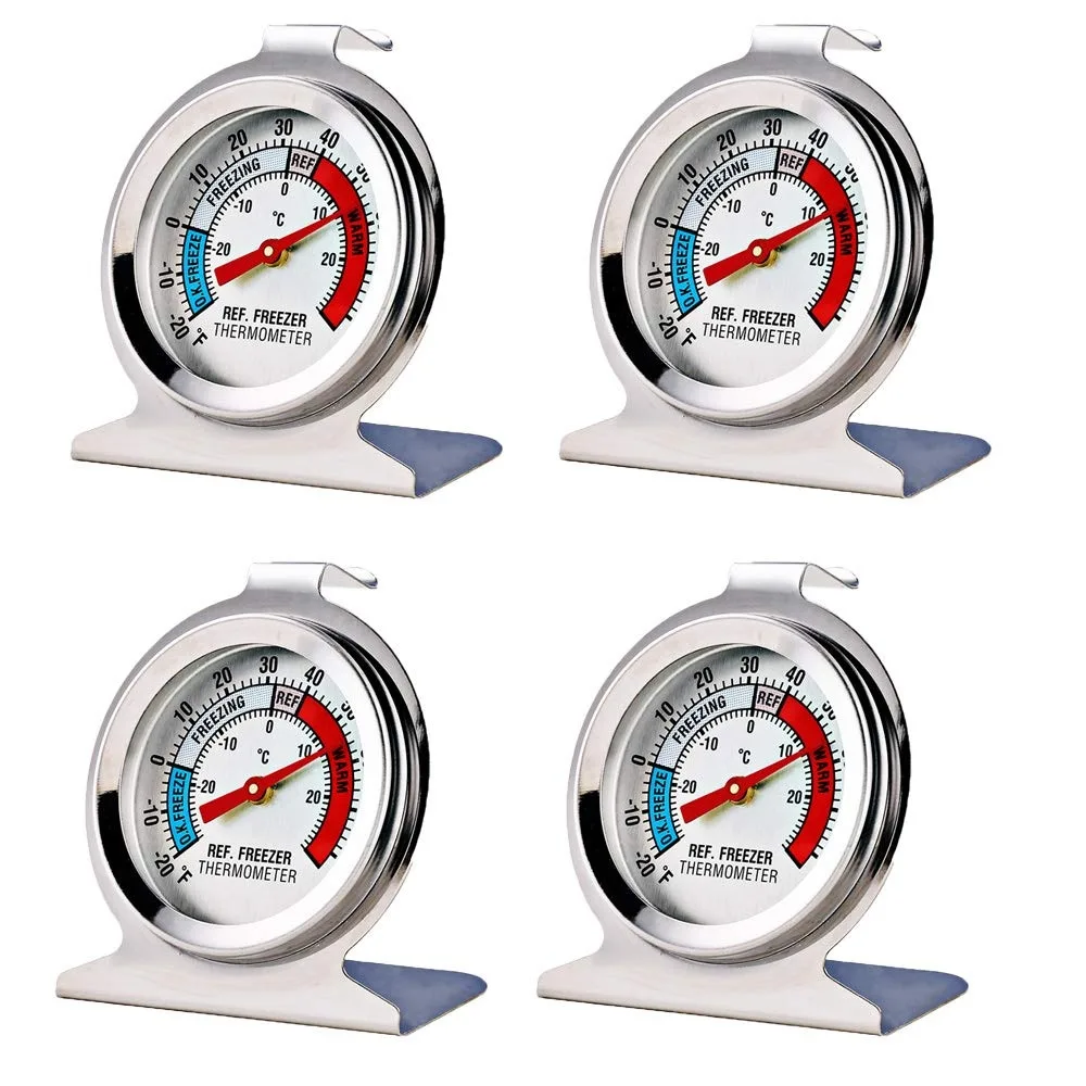 Four white analog fridge thermometers with large dials and stainless steel cases