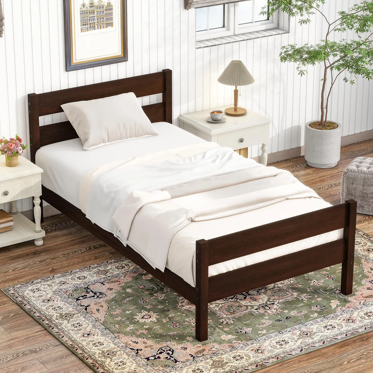 Espresso-finished rubber wood twin bed with headboard and footboard
