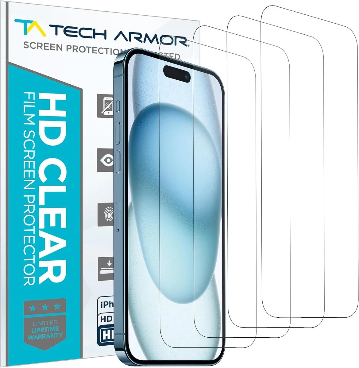 Four clear screen protector films for iPhone 15 6.1 inch in packaging