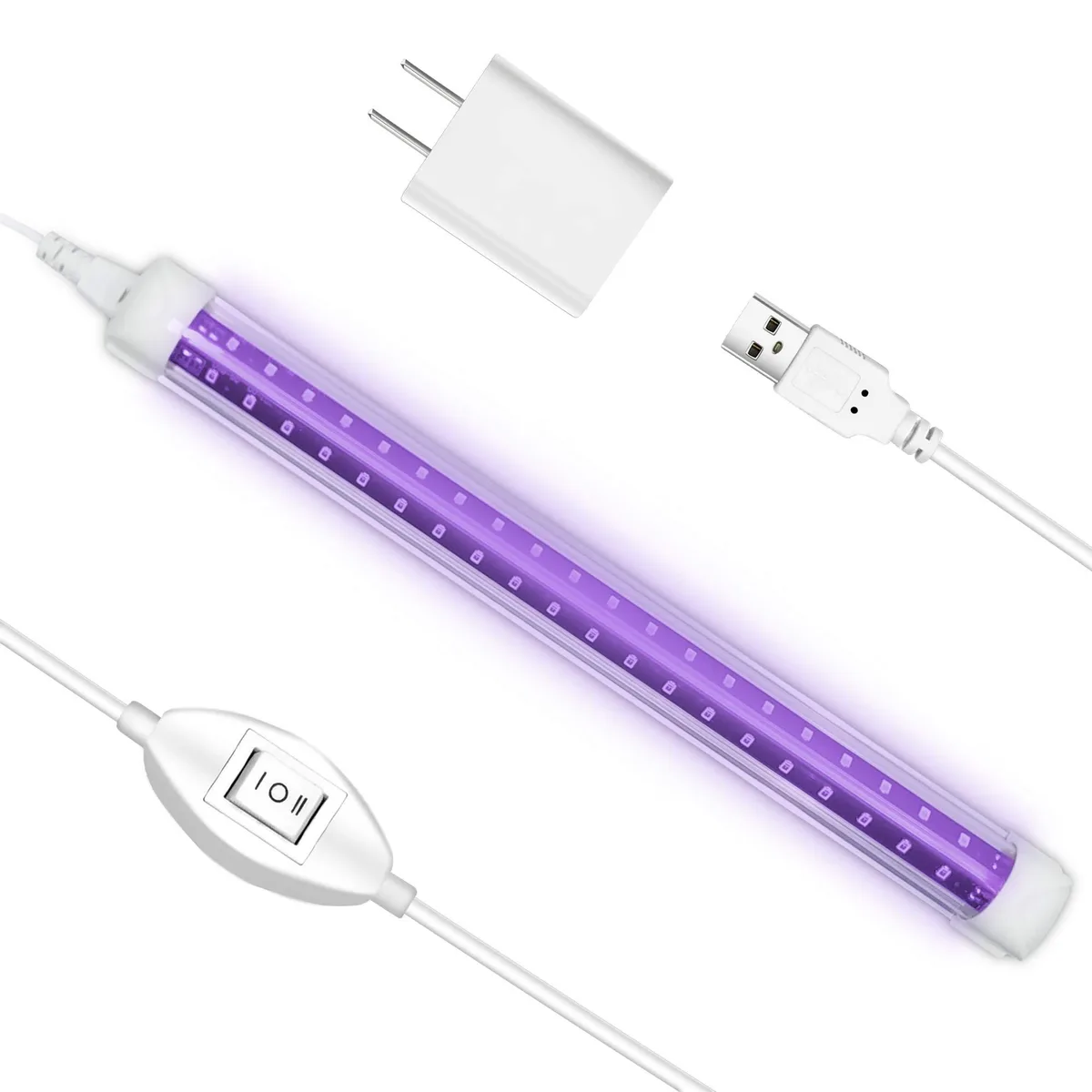 Cylindrical black-light tube with silver E26 base, matte polycarbonate body, 6 ft USB cable and inline dimmer switch