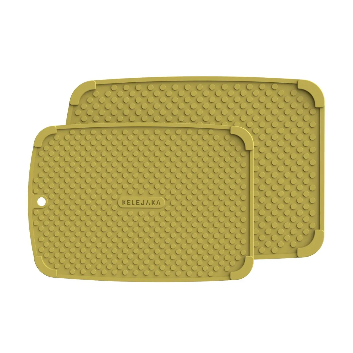Two flexible silicone mats in vibrant green, 14 inch and 12 inch, with raised edges and hanging holes