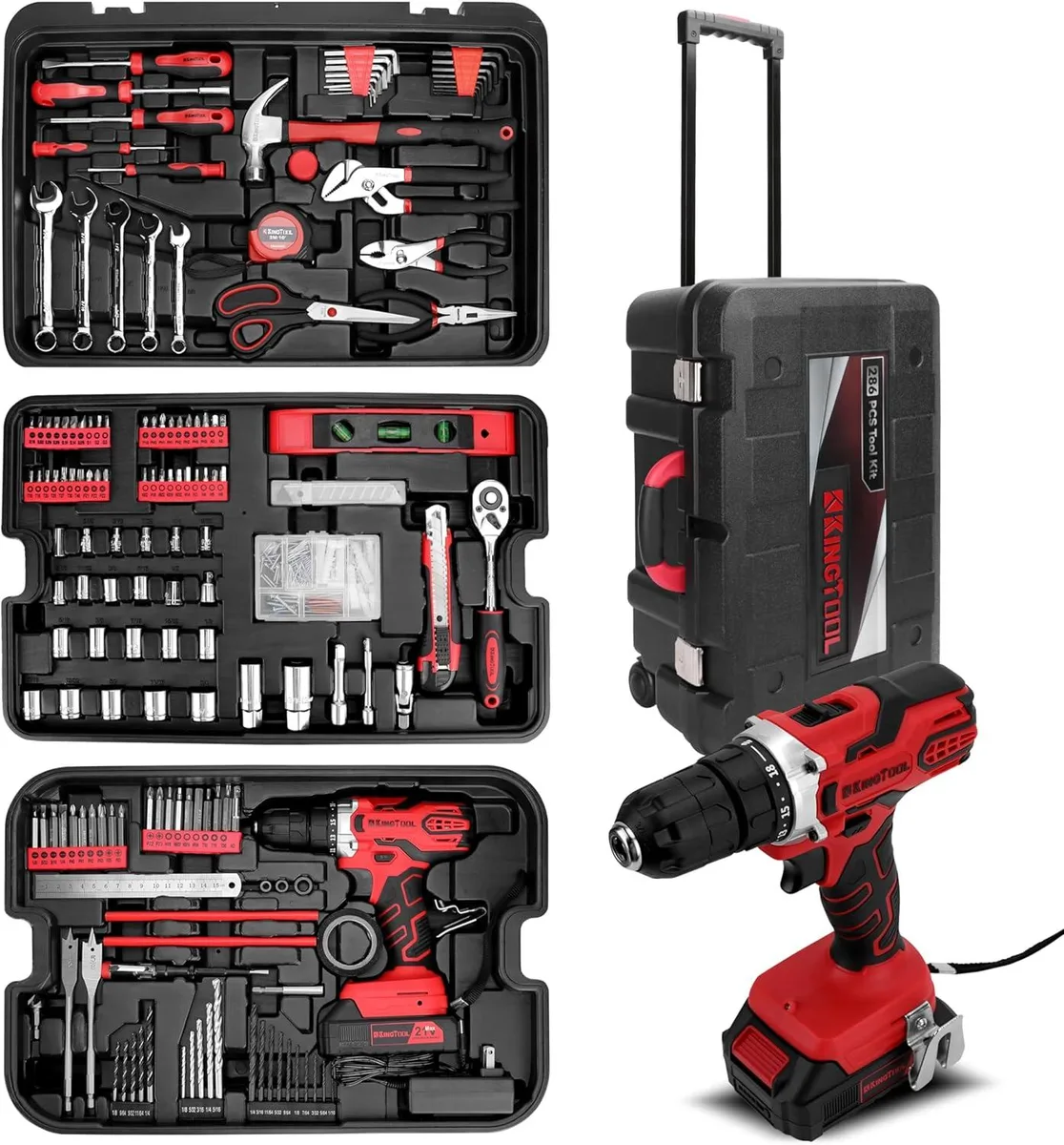 Rolling toolbox with telescopic handle and wheels containing 286-piece hand tool kit including 21V cordless drill