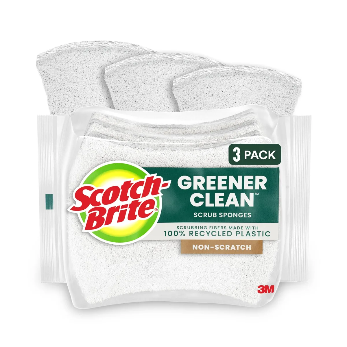 Three rectangular sponges, green scrub side and yellow foam side, stacked in clear packaging