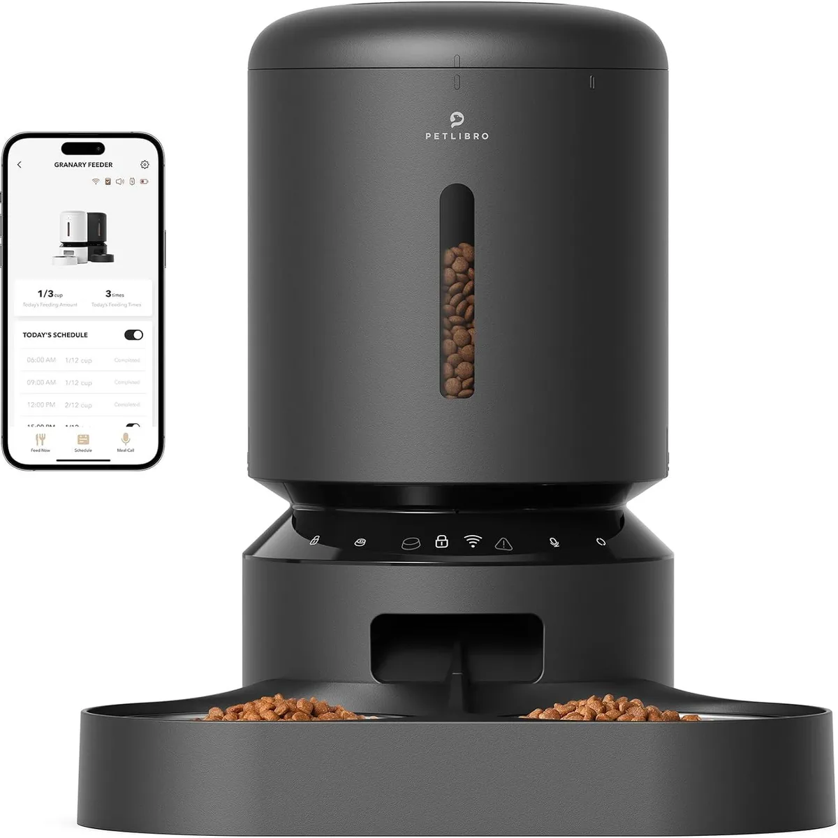 White cylindrical pet feeder with stainless steel bowl and adjustable splitter, WiFi connected for app control