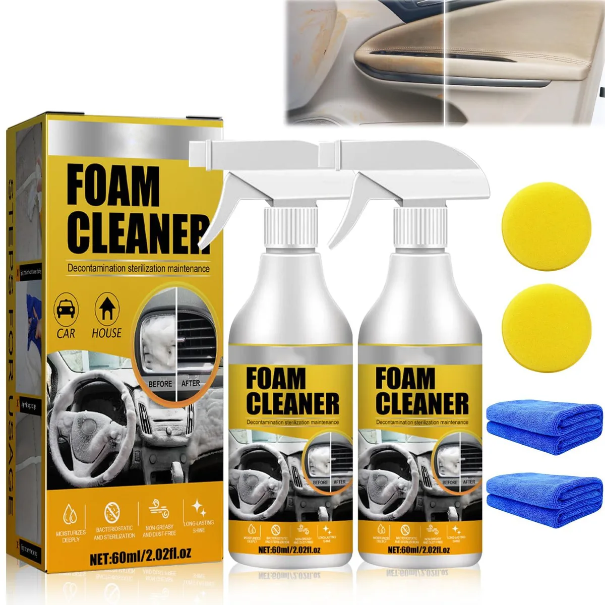 Two small 60 ml aerosol cans of multi-purpose foam cleaner