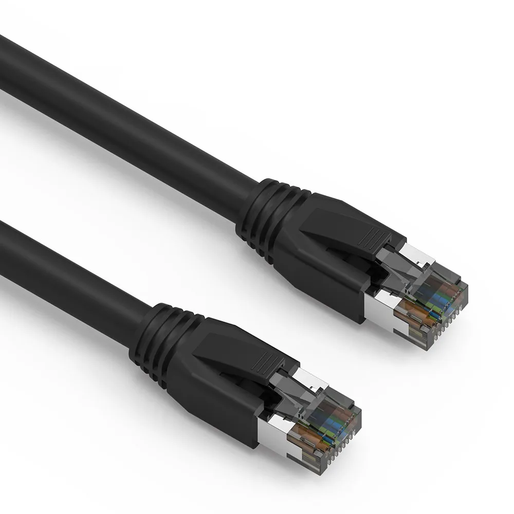 Short black Cat8 Ethernet cable with braided shield and gold RJ45 plugs
