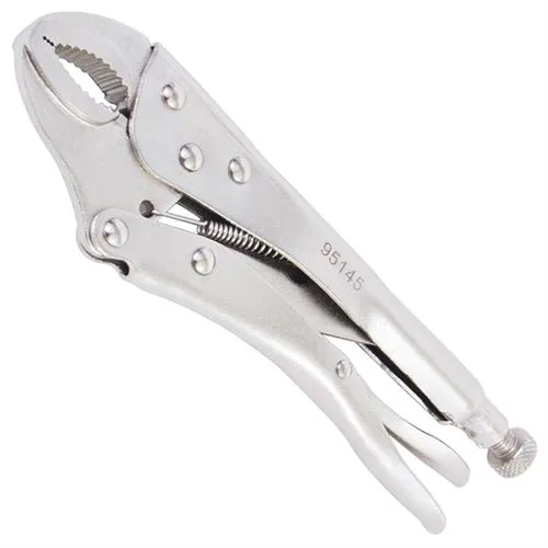 Gray 10 inch locking pliers with curved jaws wire cutter quick release lever and knurled knob