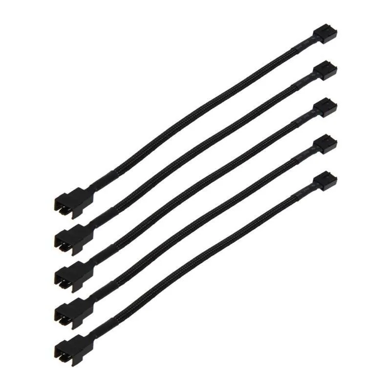 Five black 12in PWM fan extension cables, 4 pin female to dual male connectors