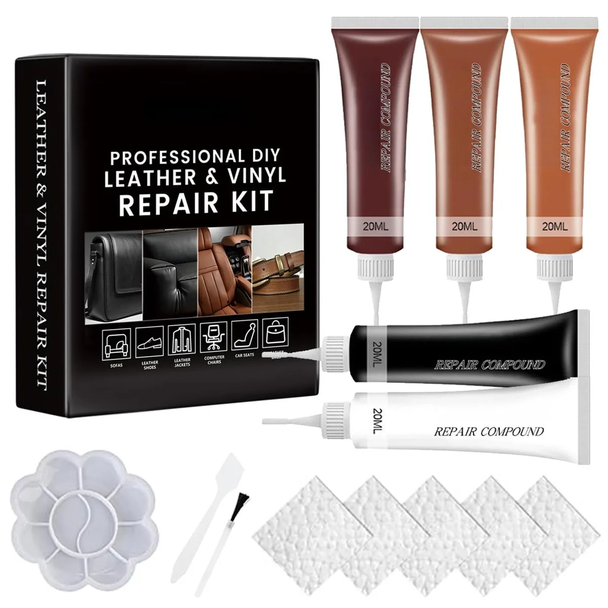 Brown leather repair kit with five tools and litchi leather patches on white background