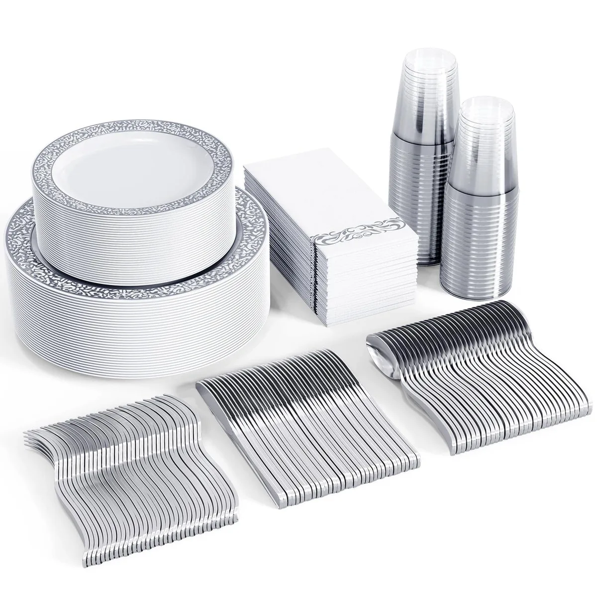 Rectangular cardboard box with silver-lace plastic plates, clear cups, silver cutlery and white napkins for 50 guests