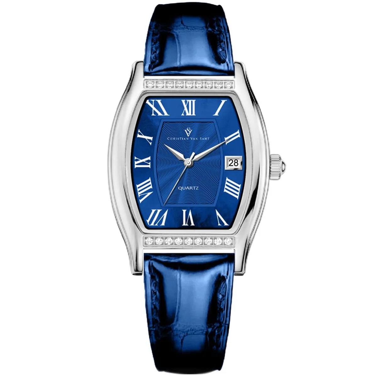 Stainless steel watch with blue dial and leather strap