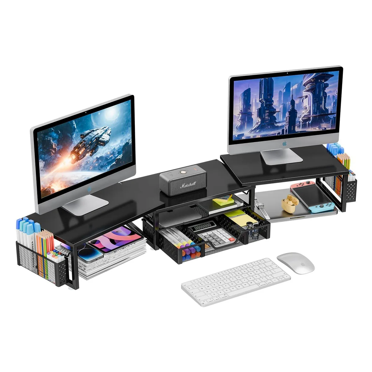  Dual Monitor Stand Riser with Drawer and 2 Pen Holders, Black — product photo
