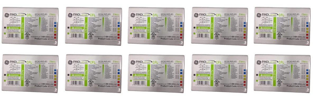 Rectangular metal can ballast with label, case of ten